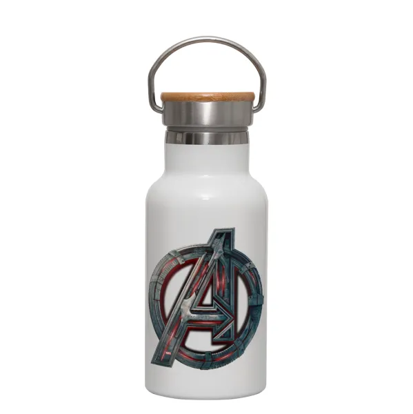 Avengers — Metallic thermos (Stainless steel) White with wooden lid (bamboo), double-walled, 350ml