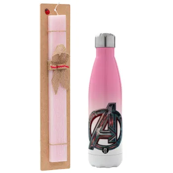 Avengers, Easter Set, Metallic pink/white (Stainless steel) thermos, double-walled, 500ml & aromatic flat Easter candle (30cm) (PINK)