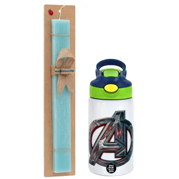 Avengers, Easter Set, Children's thermal stainless steel bottle with safety straw, green/blue (350ml) & aromatic flat Easter candle (30cm) (TURQUOISE)