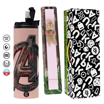 Avengers, Πασχαλινή Λαμπάδα με  ΡΟΖ Travel Tumbler θερμό (600ml, BPA free) & κερί αρωματικό πλακέ (30cm) (ΡΟΖ)