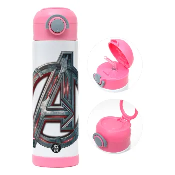 Avengers, Children's hot water bottle, stainless steel, with safety straw, PINK (500ml)
