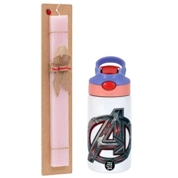 Avengers, Πασχαλινή Λαμπάδα με Παιδικό παγούρι θερμό, ανοξείδωτο, με καλαμάκι ασφαλείας, ροζ/μωβ (350ml) & κερί αρωματικό πλακέ (30cm) (ΡΟΖ)