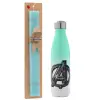 Easter Set, Metallic green/white thermos (Stainless steel), double-walled, 500ml & scented flat Easter candle (30cm) (TURQUOISE)
