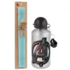 Easter Set, metallic silver aluminum water bottle (500ml) & scented flat Easter candle (30cm) (TURQUOISE)
