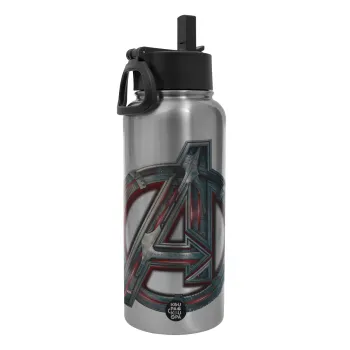 Avengers, Metal mug thermo Silver with Straw and Spout Lid (Stainless steel), double wall, 950ml