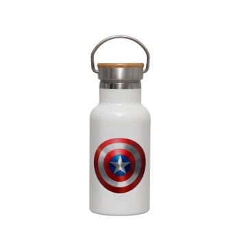 Captain America, Μεταλλικό παγούρι θερμός (Stainless steel) Λευκό με ξύλινο καπακι (bamboo), διπλού τοιχώματος, 350ml