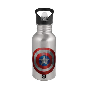 Captain America, Water bottle Silver with straw, stainless steel 500ml