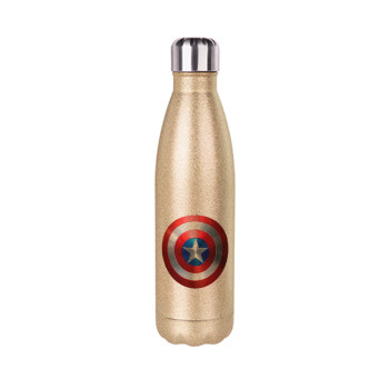 Captain America, Μεταλλικό παγούρι θερμός Glitter χρυσό (Stainless steel), διπλού τοιχώματος, 500ml
