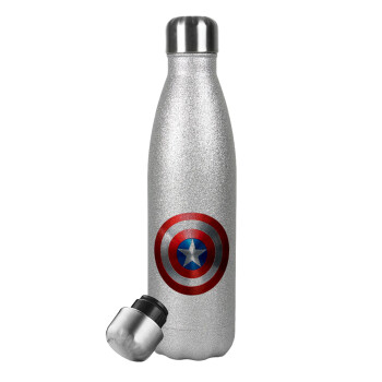 Captain America, Μεταλλικό παγούρι θερμός Glitter Aσημένιο (Stainless steel), διπλού τοιχώματος, 500ml