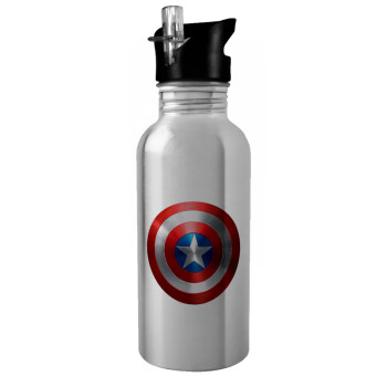 Captain America, Παγούρι νερού Ασημένιο με καλαμάκι, ανοξείδωτο ατσάλι 600ml