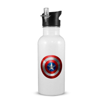 Captain America, White water bottle with straw, stainless steel 600ml