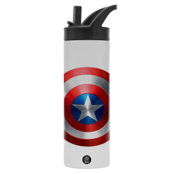 Captain America, Μεταλλικό παγούρι θερμός με καλαμάκι & χειρολαβή, ανοξείδωτο ατσάλι (Stainless steel 304), διπλού τοιχώματος, 600ml