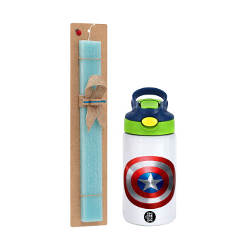Captain America, Easter Set, Children's thermal stainless steel bottle with safety straw, green/blue (350ml) & aromatic flat Easter candle (30cm) (TURQUOISE)