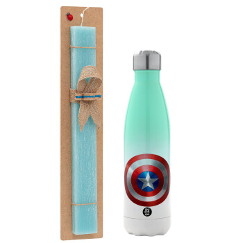 Captain America, Easter Set, Metallic green/white thermos (Stainless steel), double-walled, 500ml & scented flat Easter candle (30cm) (TURQUOISE)