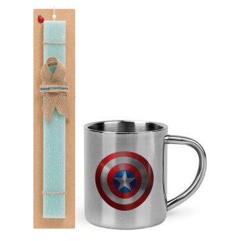 Captain America, Πασχαλινό Σετ, μεταλλική κούπα θερμό (300ml) & πασχαλινή λαμπάδα αρωματική πλακέ (30cm) (ΤΙΡΚΟΥΑΖ)