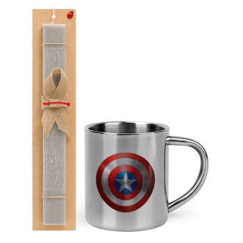 Captain America, Πασχαλινό Σετ, μεταλλική κούπα θερμό (300ml) & πασχαλινή λαμπάδα αρωματική πλακέ (30cm) (ΓΚΡΙ)