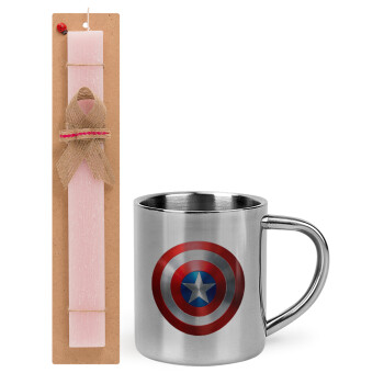 Captain America, Πασχαλινό Σετ, μεταλλική κούπα θερμό (300ml) & πασχαλινή λαμπάδα αρωματική πλακέ (30cm) (ΡΟΖ)