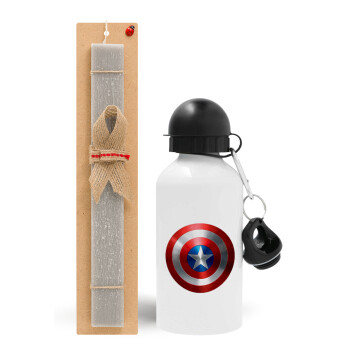 Captain America, Πασχαλινό Σετ, παγούρι μεταλλικό  αλουμινίου (500ml) & πασχαλινή λαμπάδα αρωματική πλακέ (30cm) (ΓΚΡΙ)