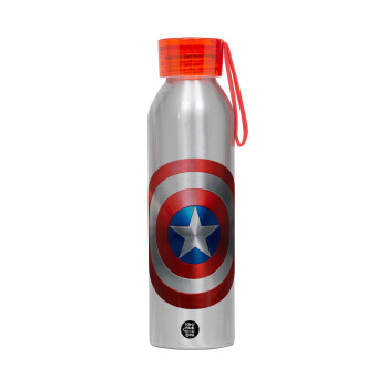 Captain America, Αλουμινένιο Αθλητικό Μπουκάλι 650ml – Ασημί με Κόκκινο Καπάκι και Λουράκι Σιλικόνης