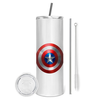 Captain America, Eco friendly ποτήρι θερμό (tumbler) από ανοξείδωτο ατσάλι 600ml, με μεταλλικό καλαμάκι & βούρτσα καθαρισμού