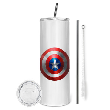 Captain America, Tumbler ποτήρι θερμό από ανοξείδωτο ατσάλι 600ml, με μεταλλικό καλαμάκι & βούρτσα καθαρισμού