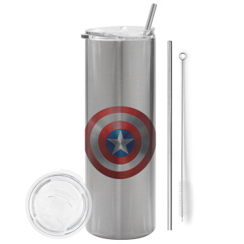 Captain America, Eco friendly ποτήρι θερμό Ασημένιο (tumbler) από ανοξείδωτο ατσάλι 600ml, με μεταλλικό καλαμάκι & βούρτσα καθαρισμού