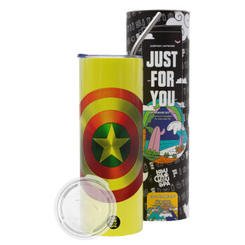 Captain America, Neon Yellow Travel Tumbler θερμό, μεταλλικό καλαμάκι(Ανωξείδωτο 304 Food grade, BPA free, 600ml)