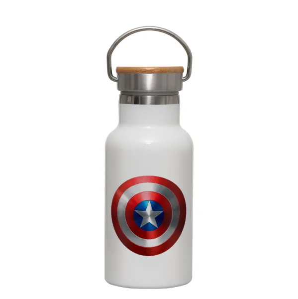 Captain America — Metallic thermos (Stainless steel) White with wooden lid (bamboo), double-walled, 350ml