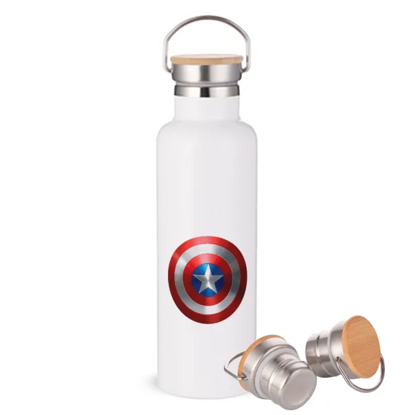 Captain America — Μεταλλικό παγούρι θερμός (Stainless steel) Λευκό με ξύλινο καπάκι (bamboo), διπλού τοιχώματος, 750ml