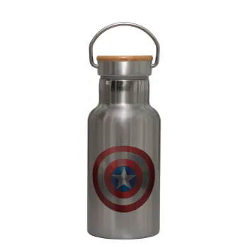Captain America, Stainless steel metallic thermos flask, silver with a bamboo lid, double-walled, 350ml.