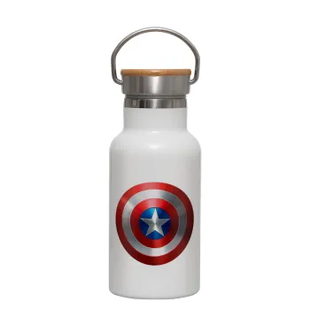 Captain America, Metallic thermos (Stainless steel) White with wooden lid (bamboo), double-walled, 350ml