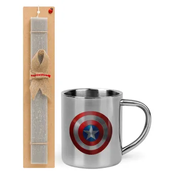 Captain America, Easter Set, metallic thermal cup (300ml) & Easter aromatic flat candle (30cm) (GRAY)