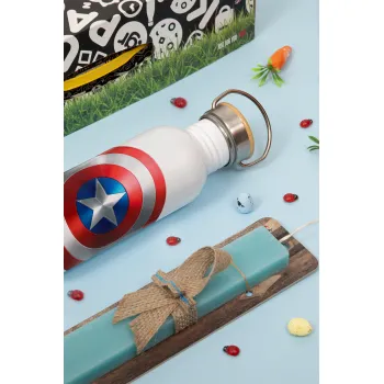 Captain America, Πασχαλινή Λαμπάδα με παγούρι μεταλλικό (620ml, stainless steel) & κερί αρωματικό πλακέ (30cm) (ΤΙΡΚΟΥΑΖ)
