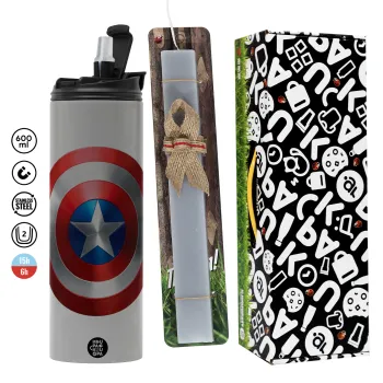 Captain America, Πασχαλινή Λαμπάδα με Travel Tumbler θερμό (600ml, BPA free) & κερί αρωματικό πλακέ (30cm) (ΓΚΡΙ)