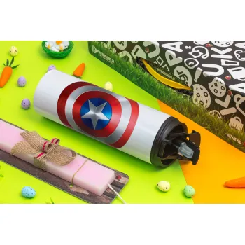 Captain America, Πασχαλινή Λαμπάδα με Travel Tumbler θερμό με διπλό καπάκι (600ml, BPA free) & κερί αρωματικό πλακέ (30cm) (ΡΟΖ)