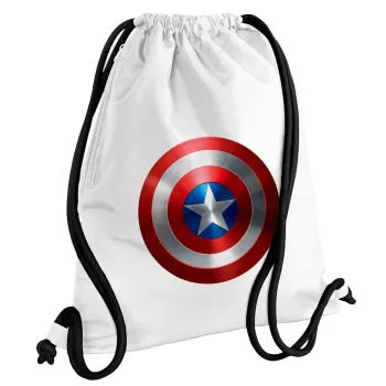 Captain America, Τσάντα πλάτης πουγκί GYMBAG λευκή, με τσέπη (40x48cm) & χονδρά κορδόνια