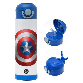 Captain America, Παιδικό παγούρι θερμό, ανοξείδωτο, με καλαμάκι ασφαλείας, ΜΠΛΕ (500ml)