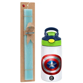 Captain America, Easter Set, Children's thermal stainless steel bottle with safety straw, green/blue (350ml) & aromatic flat Easter candle (30cm) (TURQUOISE)