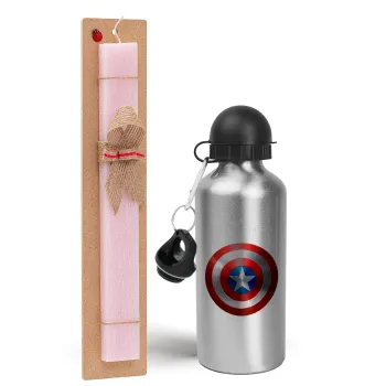 Captain America, Easter Set, metallic Silver aluminum water bottle (500ml) & scented flat Easter candle (30cm) (PINK)