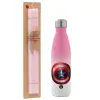 Easter Set, Metallic pink/white (Stainless steel) thermos, double-walled, 500ml & aromatic flat Easter candle (30cm) (PINK)