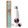 Easter Set, metallic stainless steel water bottle (750ml) & aromatic flat Easter candle (30cm) (TURQUOISE)