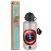 Easter Set, metallic silver aluminum water bottle (500ml) & scented flat Easter candle (30cm) (TURQUOISE)