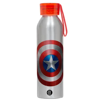 Captain America, Αλουμινένιο Αθλητικό Μπουκάλι 650ml – Ασημί με Κόκκινο Καπάκι και Λουράκι Σιλικόνης