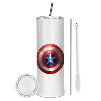 Captain America, Tumbler ποτήρι θερμό από ανοξείδωτο ατσάλι 600ml, με μεταλλικό καλαμάκι & βούρτσα καθαρισμού