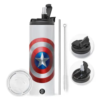 Captain America, Travel Tumbler θερμό με διπλό καπάκι, μεταλλικό καλαμάκι και βούρτσα καθαρισμού (Ανωξείδωτο 304 Food grade, BPA free, 600ml)