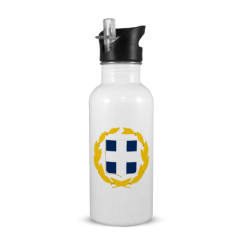 Hellas Εθνόσημο, White water bottle with straw, stainless steel 600ml