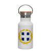 Metallic thermos (Stainless steel) White with wooden lid (bamboo), double-walled, 350ml