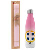 Easter Set, Metallic pink/white (Stainless steel) thermos, double-walled, 500ml & aromatic flat Easter candle (30cm) (PINK)