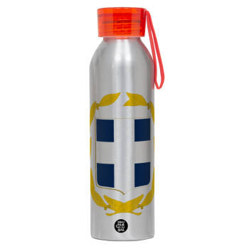 Hellas Εθνόσημο, Αλουμινένιο Αθλητικό Μπουκάλι 650ml – Ασημί με Κόκκινο Καπάκι και Λουράκι Σιλικόνης