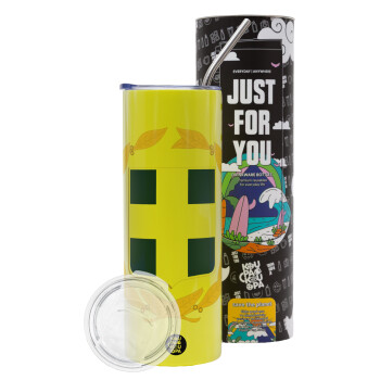 Hellas Εθνόσημο, Neon Yellow Travel Tumbler, with metal straw (Stainless steel 304 Food grade, BPA free, 600ml)